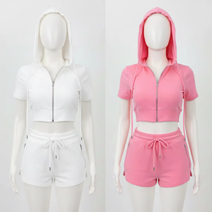 Women's Casual 2 Piece Hooded Sleeveless Crop Top Shorts <b>Set</b> Zipper Sporty Solid Color Summer <b>Knitted</b> Polyester/Cotton Outfit - Product Image 1