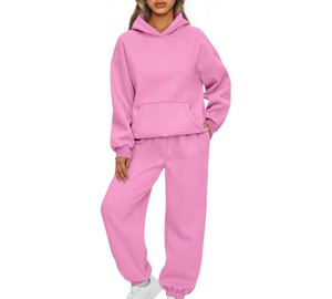 <b>Women</b> Pink Hooded Sweatshirt And <b>Joggers</b> Set Casual Loose Fit Full Length <b>Fleece</b> 2 Piece Tracksuit Solid Color All Seasons - Product Image 5