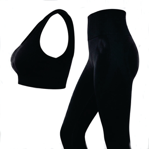 <b>Black</b> 2 Piece Yoga Set Scoop Neck Racerback Crop <b>Top</b> High Waist Seamless Shorts Solid Color Spandex Polyester - Product Image 3