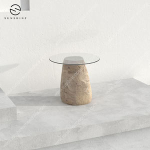 Modern Round <b>Stone</b> Coffee <b>Table</b> with Tempered Glass <b>Top</b> Minimalist Living Room Furniture Handmade Design - Product Image 2