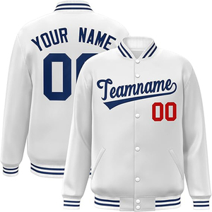 Chaqueta Varsity Blanca Personalizada con Logotipo del Equipo en Relieve, Chaqueta de Béisbol Unisex con Exterior de Lana/Poliéster, Cuello Alto Resistente al Viento - Product Image 1