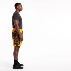 Shorts d'entraînement fonctionnels pour hommes en maille technique OEM personnalisés, polyester/coton, couleur safran acide, pour fitness et haltérophilie - Product Image 3