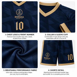 Conjunto de Camiseta y Pantalones Cortos de Fútbol Personalizados en Azul Marino Oscuro y Dorado, Cuello en V, Uniforme de Fútbol Sublimado con Patrón Geométrico, Conjunto de Camiseta de Fútbol OEM - Product Image 3