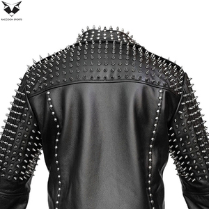 2026 Slim Fit Premium Quality Easy Wear Comfortable Handmade Genuine Leather Stand Collar Front Logo <b>Studded</b> Jacket <b>Men</b> Raccoon - Product Image 5