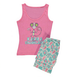 Ensemble de vêtements de nuit pour femmes en jersey à taille élastique imprimé, longueur intégrale, été et printemps, 100% coton - Product Image 1