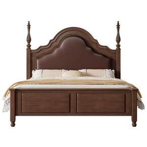 Lit en bois massif de style personnalisé avec design à double colonne romaine en cuir véritable à 100 %, meubles de chambre classiques de taille King - Product Image 2