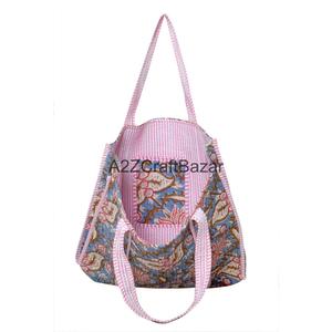 Eco-Friendly Women's 100% Pure Cotton Quilted Tote <b>Bag</b> with <b>Long</b> Handle Large Size Multi-Color Made Rajasthan for Daily Use - Product Image 6