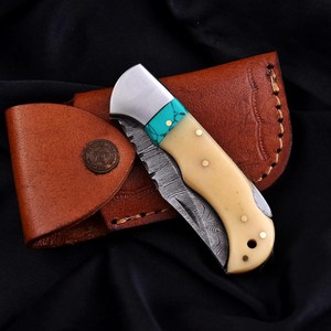 Couteau pliant en acier Damas Nordic Forge, verrouillage arrière, manche en os et turquoise avec étui, couteau de poche EDC pour le camping et la chasse - Product Image 5