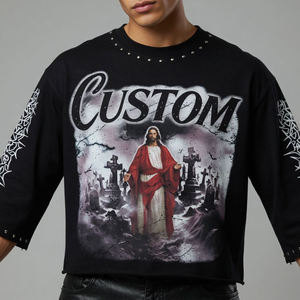 Camiseta Oversize Personalizada OEM Glory con Gráficos, de Algodón Pesado para Hombre, Estilo Urbano, Corta, Unisex, con Pedrería Lavada - Product Image 5