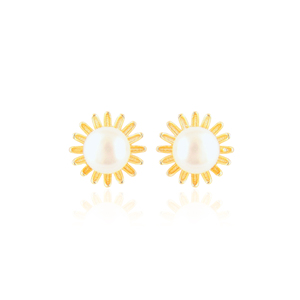 Pendientes delicados con perlas sintéticas redondas, resistentes al deslustre, con diseño de rayos de sol, de latón chapado en oro de 18k, joyería linda para mujer, regalos. - Product Image 1