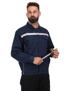 Veste de travail bleu marine pour homme avec bande réfléchissante, fermeture éclair, coupe classique, col rabattable, matière polyester - Product Image 1
