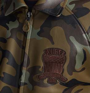 Avirex Camouflage Bomber <b>Jacket</b> Turn-down Collar Zipper Front Patch Design Regular Fit Casual Style Teal <b>Leather</b> Fusion of Depth - Product Image 5