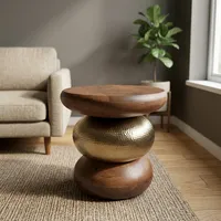 Table basse ronde moderne avec plateau en bois et base en métal doré, meuble contemporain pour salon, table d'appoint faite à la main