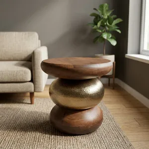 Modern <b>Round</b> Coffee <b>Table</b> Wood Top <b>Gold</b> Metal Base Contemporary Living Room Furniture Handmade Accent <b>Table</b> - Product Image 2