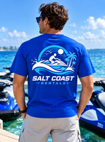 T-shirt décontracté à manches courtes bleu pour homme Custom Salt Coast Rentals avec imprimé jet ski, séchage rapide, coupe classique