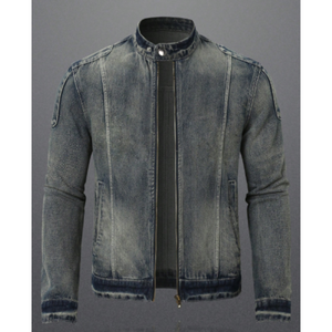 Blouson de moto premium en viscose/coton zippé, épais, style vintage streetwear, patchwork, délavé à l'acide, ajusté et respirant pour homme - Product Image 1