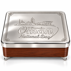 Caja de Chocolate de Madera y Metal con Diseño del Día Nacional de Omán para Eventos y Regalos Premium, Tamaños y Colores Personalizados Disponibles Aquí - Product Image 1