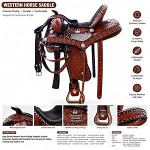 Silla de montar decorativa estilo western con adornos florales, silla de caballo marrón con asiento negro, conchos plateados y diseño con tachuelas - Product Image 5