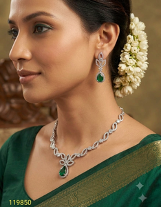 Luxury AD <b>Silver</b> Bridal <b>Necklace</b> <b>Set</b> with Emerald Pear Stone, Premium Wedding Party Wear Jewelry with Matching Earrings <b>Set</b> - Product Image 2
