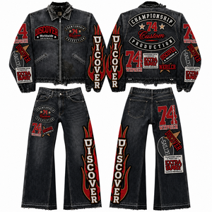 Ensemble veste et pantalon en denim délavé à l'acide 100% coton éco-responsable, style streetwear personnalisé, tenue vintage pour homme en deux pièces pour l'automne - Product Image 5