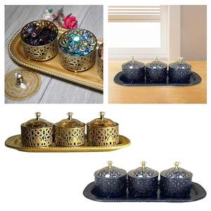 Ensemble de plateaux à bonbons circulaires en métal pour Ramadan, doré et noir, avec couvercle et poignée en cristal, pour fruits secs et noix, décoration de table de cuisine islamique - Product Image 6