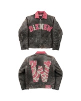 Veste en jean vintage personnalisée DiZNEW pour homme, style universitaire, zippée, avec broderie de lettres et patchs, délavage usé, streetwear, fabrication usine