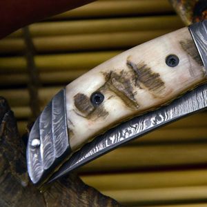 Cuchillo de Caza de Acero de Damasco con Hoja de Punta Caída, Mango de Madera y Perilla Plegable, Herramienta de Supervivencia para Exteriores - Product Image 5