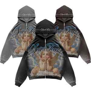 Sweat à capuche zippé court et ample pour homme en coton délavé avec motif graphique en strass, style streetwear personnalisé - Product Image 3