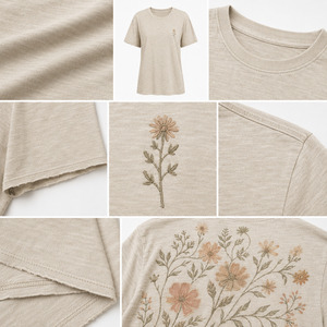 Camiseta Beige de Cuello Redondo para Mujer con Bordado Floral, Corte Regular, Informal, Primavera Verano, 100% Algodón Jersey, Manga Corta - Product Image 6