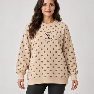 Women's Beige <b>Crewneck</b> Sweatshirt with Taupe Brown Allover Polka Dots Long Sleeve Custom Logo - Product Image 1