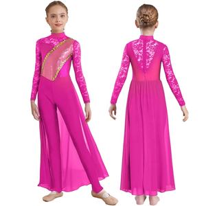 ชุดเต้นรำบอลรูมลาตินสำหรับเด็กผู้หญิงอายุ 6-16 ปี ชุดยิมนาสติก ชุดฟิกเกอร์สเก็ต จั๊มสูทผ้าชีฟฟอนกระโปรงยาว ชุดยูนิทาร์ด สำหรับการแข่งขันและการแสดง - Product Image 3