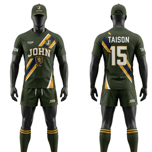 Uniforme de rugby personnalisé en polyester interlock 280 GSM, design à panneaux rayés vert lime et bleu marine, impression par sublimation, logo. - Product Image 2