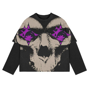 T-shirt en coton 100% écologique à coupe classique, imprimé numérique artistique, tendance streetwear, décontracté, avec appliqué texturé - Product Image 3