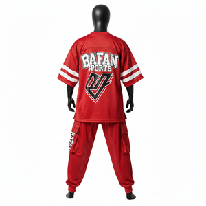 Ensemble maillot et pantalon en mesh pour homme, 180 GSM, tissu polyester respirant, rouge, vêtements de sport avec logo personnalisé, ensemble 2 pièces pour homme - Product Image 2