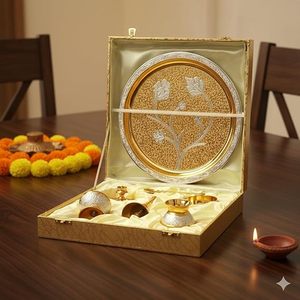 Gold Plated Metal Puja Thali Set Round Religious Prayer Tray <b>Kit</b> with Embossed Floral Pattern for Home Wedding Gift - Product Image 1