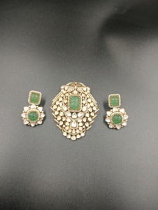 Gold Plated Silver Jade Statement <b>Necklace</b> Set with <b>Matching</b> Earrings Women's Ethnic Engagement Jewelry Flower Design - Product Image 4