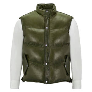 Chaleco Acolchado de Cuero Genuino Marrón para Hombre, con Cuello Alto y Cierre de Botones, Ropa de Invierno Informal - Product Image 4