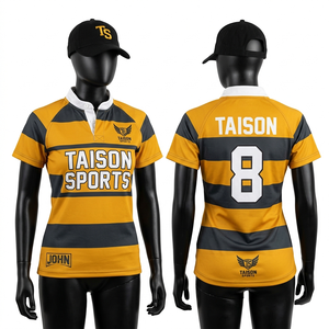 Maillot de rugby pour femme en polyester GSM de qualité supérieure, respirant, jaune et noir à rayures, avec logo personnalisé par sublimation - Product Image 1