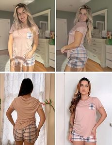Conjunto de pijamas de 2 piezas para mujer, camiseta de manga corta con cuello en V, pantalones cortos a cuadros, ropa de dormir de algodón suave, ropa informal de verano - Product Image 2