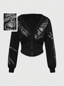 Sudadera con capucha corta con cremallera para mujer, con gráfico de cadena y jacquard, lavado ácido y pedrería, de felpa de algodón 420GSM, estilo vintage streetwear premium - Product Image 6