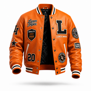 Custom Orange Varsity Letterman Jacket Men PU Leather Baseball College Jacket Embroidered Chenille Patch Bomber Jacket OEM Bulk - Product Image 1