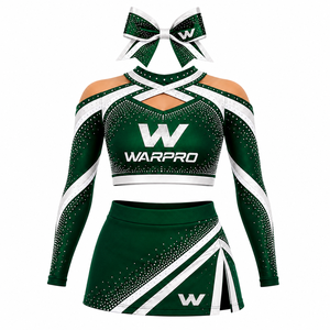 WARPRO Cheerleading Uniform Set Green White <b>Rhinestone</b> Sublimation Print Long Sleeve <b>Crop</b> <b>Top</b> Skirt Adult Women - Product Image 1
