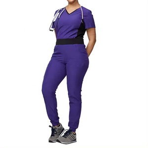 Conjunto de Uniformes Médicos Unisex de Poliéster y Spandex Elástico, Blusa de Manga Corta con Cierre y Pantalones Jogger, Cintura Elástica - Product Image 1