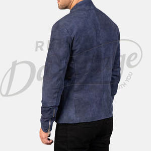 Chaqueta de cuero de gamuza azul pizarra para hombre, piel de oveja auténtica, corte ajustado, estilo casual, tipo motociclista, con cremallera, estilo bomber. - Product Image 2