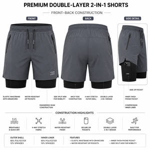 Men's 2-In-1 Double <b>Layer</b> Shorts With Compression Liner Quick Dry Sporty Bermuda Shorts With Zip Pockets And Drawstring Closure - Product Image 2