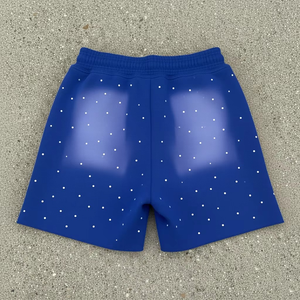 Shorts personnalisés pour hommes bleu roi avec strass, effet délavé, taille à cordon, style streetwear, mélange de coton, bas décontractés d'été - Product Image 2