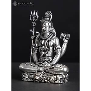 Petite Sculpture de Lord Shiva Superfine à quatre bras en laiton plaqué argent Pose assise - Product Image 3