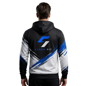 เสื้อฮู้ดผู้ชาย Storm Fit พิมพ์ลายแบบ Sublimation สไตล์สปอร์ต สตรีทแวร์ สีดำ น้ำเงิน ขาว ทรงปกติ ใส่ได้ในฤดูหนาว ระบายอากาศได้ดี - Product Image 1