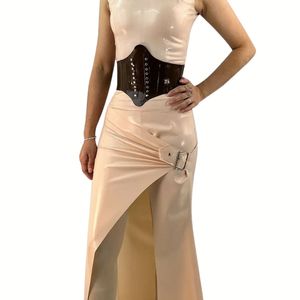 Strapless PU Leather Bodycon <b>Maxi</b> <b>Dress</b> <b>With</b> Asymmetrical Hem And Belt Detail For Party Wear - Product Image 5