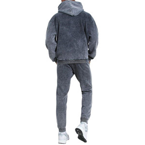 Men's Gray Acid Washed Cotton Hoodie <b>Tracksuit</b> Full Sleeve Loose Fit Casual Autumn Wear With Side Pockets And <b>White</b> Stripe Pants - Product Image 3
